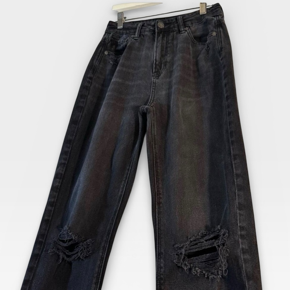 American Eagle Black Distressed Mom Straight Jeans Long Comfort Stretch 0